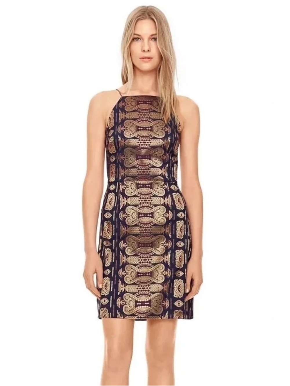 Tory Burch Silk Blend Metallic Jacquard Mini Dress Size 4 Navy Gold Brocade